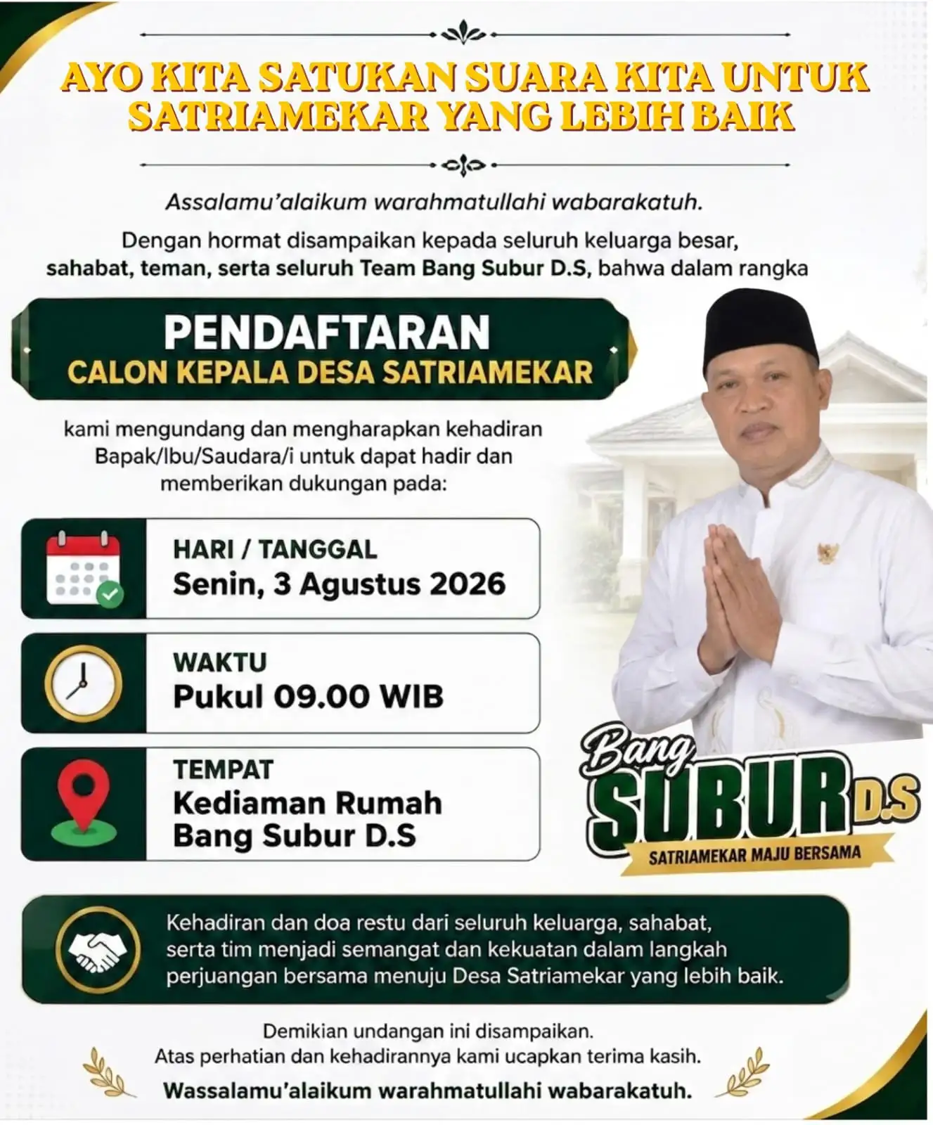 Modal Pengalaman Organisasi, Bang Subur D.S Resmi Maju dalam Pilkades Satriamekar 2026