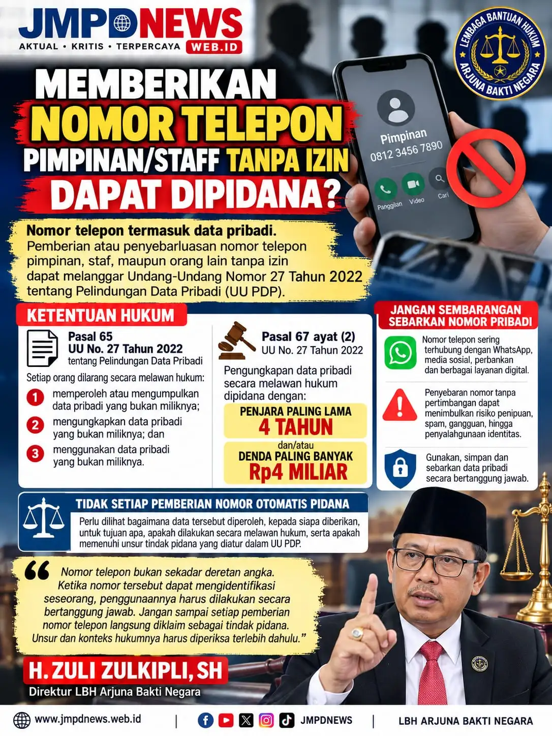 MEMBERIKAN NOMOR TELEPON PIMPINAN/STAFF TANPA IZIN, BISA BERUJUNG PIDANA? INI PENJELASAN UU PDP