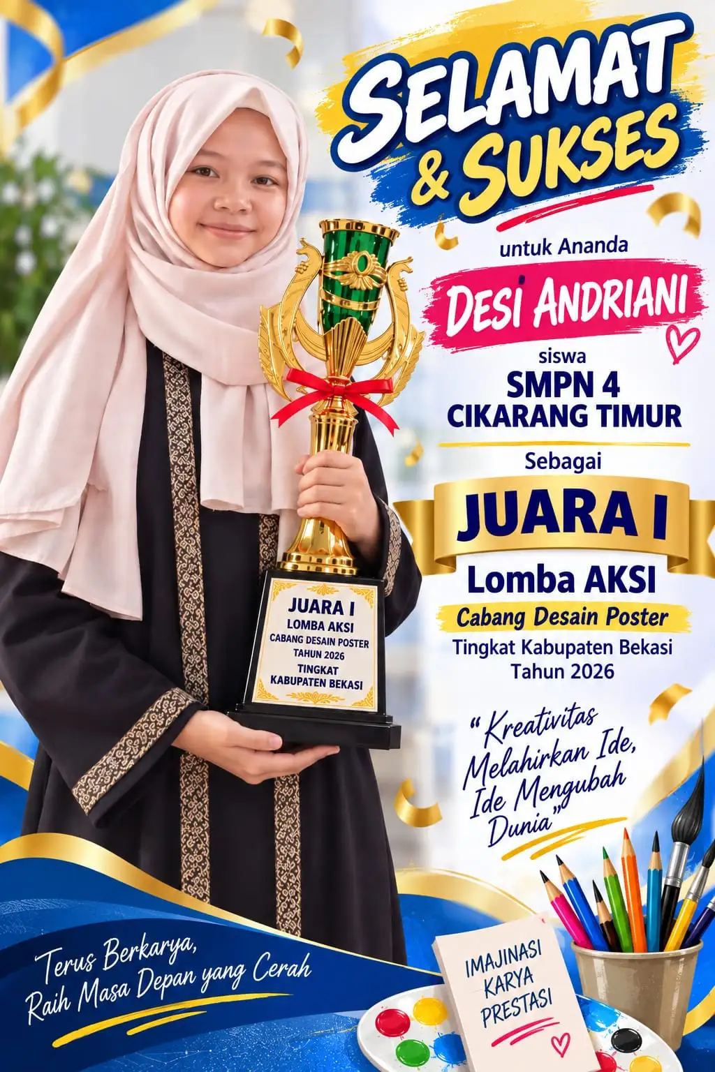 Siswi Kelas 9A SMPN 4 Cikarang Timur Raih Juara I Desain Poster, Siap Berlaga di Tingkat Provinsi