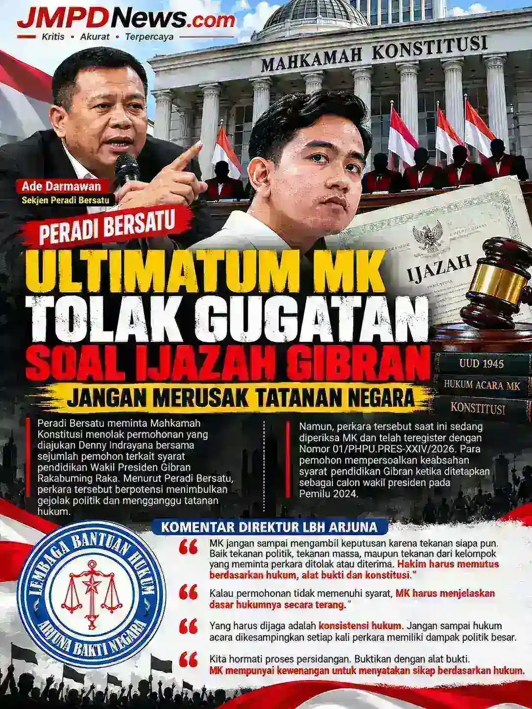 PERADI BERSATU ULTIMATUM MK TOLAK GUGATAN IJAZAH GIBRAN, LBH ARJUNA: MK HARUS BERDIRI DI ATAS HUKUM