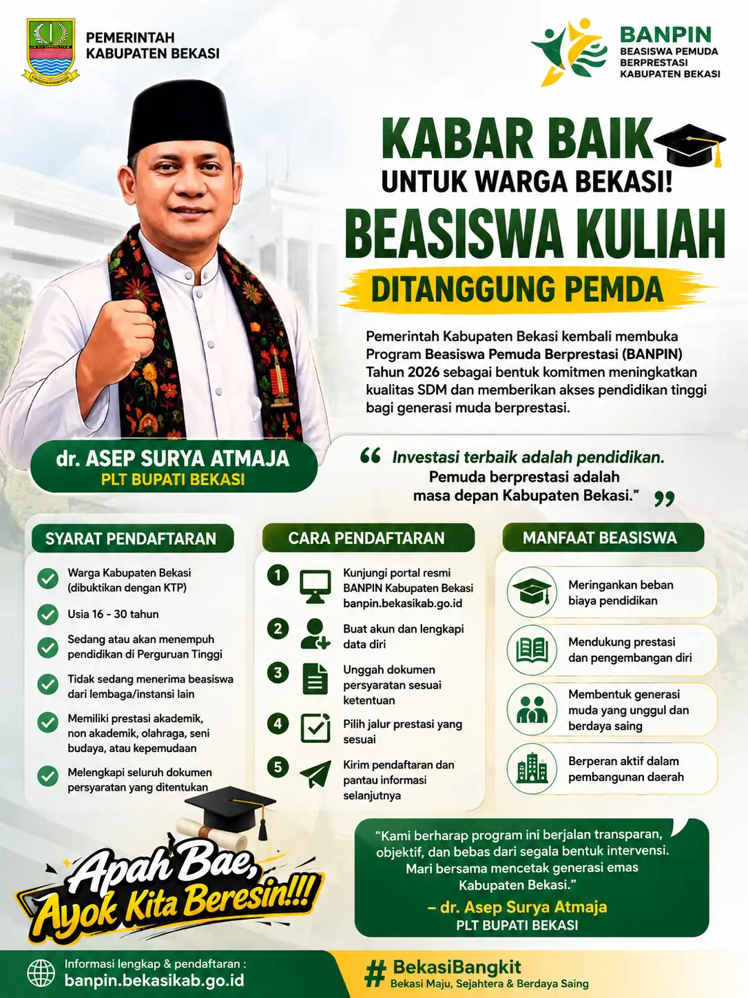 PEMKAB BEKASI KEMBALI BUKA BEASISWA KULIAH 2026, MAHASISWA BERPRESTASI BERKESEMPATAN DAPAT BANTUAN PENDIDIKAN