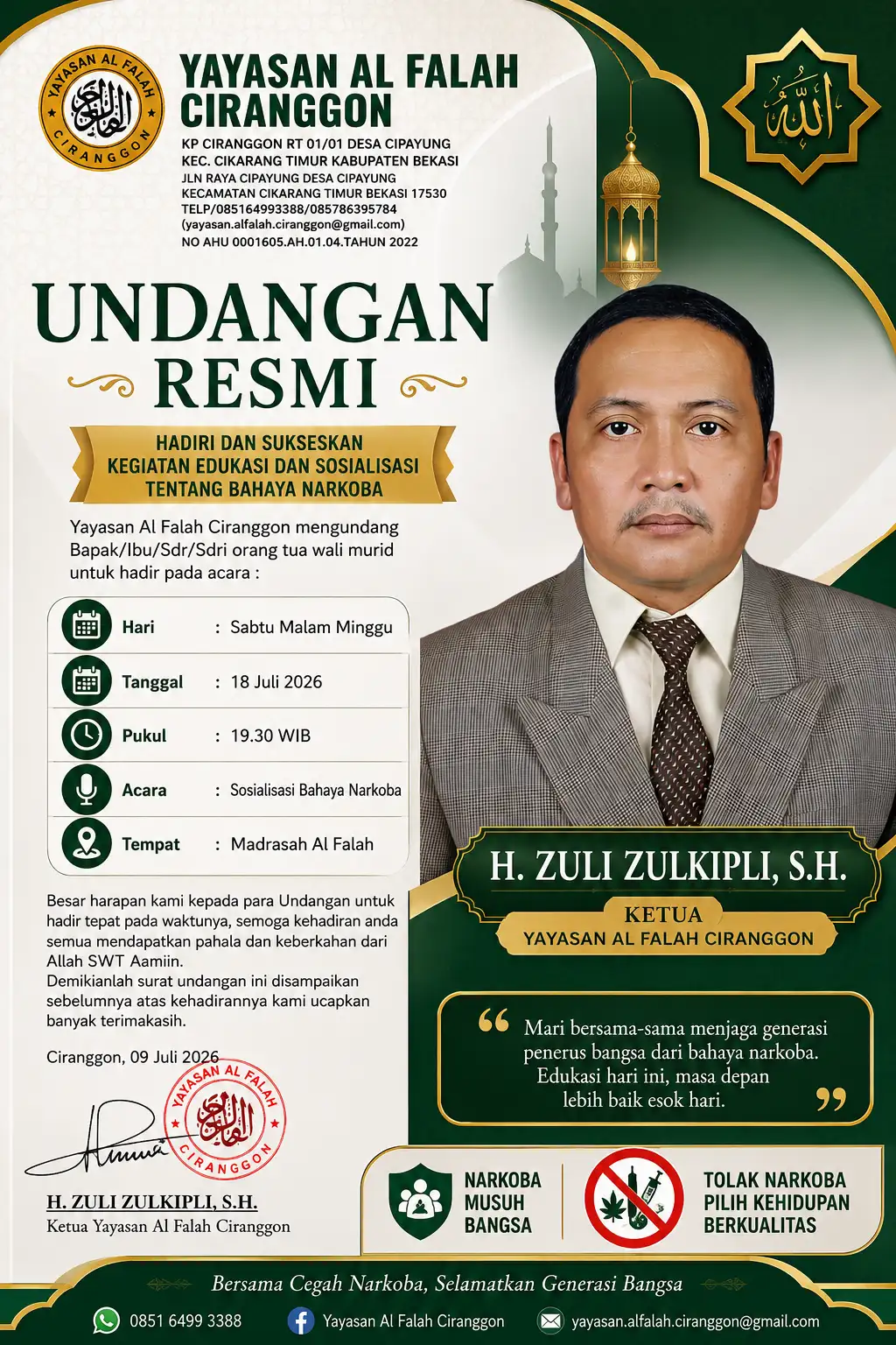 Yayasan Al Falah Ciranggon Gelar Sosialisasi Bahaya Narkoba, Hadirkan Forkopimcam dan Pemerintah Desa Perkuat Pencegahan